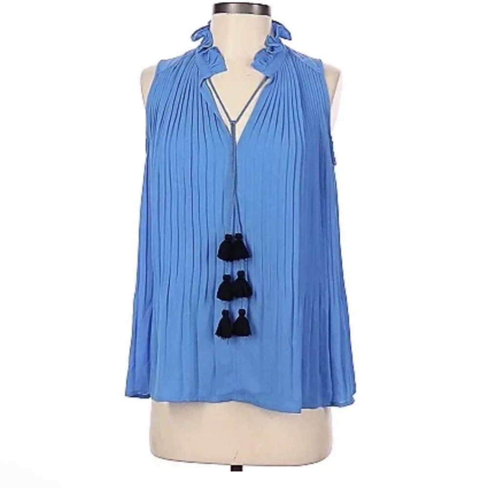 LOFT Blue Ruffle Neck Pleated Blouse